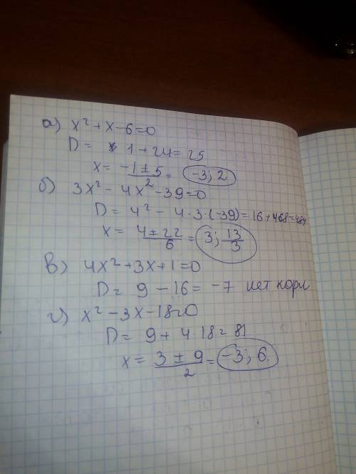 Решите уровнение а) х^2+х-6=0; б) 3х^2-4х-39=0; в)4х^2+3х+1=0; г)х^2-3х-18=0