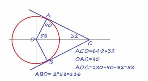 Касательные в точках а и в к окружности с центром о пересекаются под углом 64 градуса. найдите угол