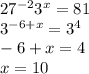 27^{-2}3^x = 81\\&#10;3^{-6+x} = 3^4\\&#10;-6+x=4\\&#10;x = 10