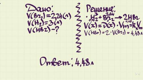 Вычислите объем бромоводорода, образующегося при взаимодействии 2,24 л брома и 3 л водорода.