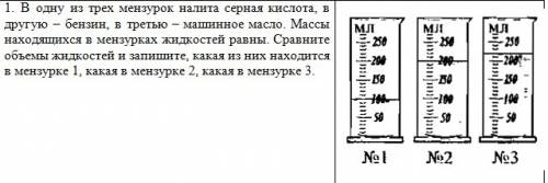 Массы находящихся в мензурках жидкостей равны . запишите , в какую из них налито машинное масло, бен