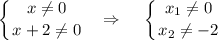 \displaystyle \left \{ {{x\ne0} \atop {x+2\ne0}} \right. ~~\Rightarrow~~~\left \{ {{x_1\ne0} \atop {x_2\ne-2}} \right.