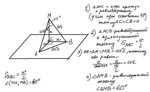 Из точки м проведены к плоскости наклонные ма, мв и перпендикуляр мс, равный а. угол между каждой на