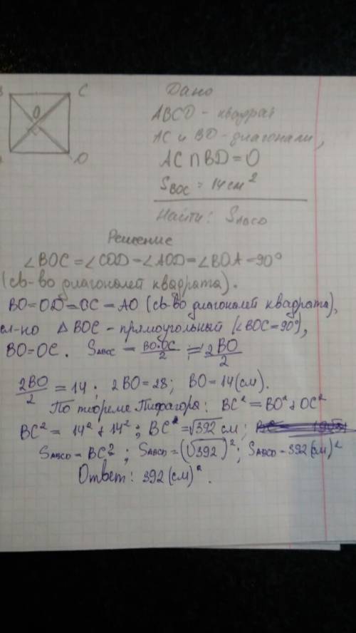 Abcd-квадрат, o-точка пересечения его диагоналей.найдите площадь квадрата, если площадь треугольника