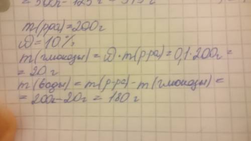 Найдите массу глюкозы и воды необходимые для приготовления 200 грамм-10% раствора