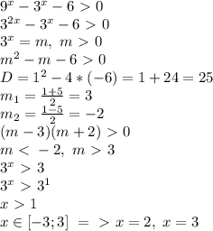 9^x-3^x-6\ \textgreater \ 0\\3^{2x}-3^x-6\ \textgreater \ 0\\3^x=m, \ m\ \textgreater \ 0\\m^2-m-6\ \textgreater \ 0\\D=1^2-4*(-6)=1+24=25\\m_1= \frac{1+5}{2} =3\\m_2= \frac{1-5}{2} =-2\\(m-3)(m+2)\ \textgreater \ 0\\m\ \textless \ -2, \ m\ \textgreater \ 3 \\3^x\ \textgreater \ 3\\3^x\ \textgreater \ 3^1\\x\ \textgreater \ 1\\x\in[-3;3] \ =\ \textgreater \ x=2, \ x=3