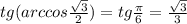 tg(arccos \frac{ \sqrt{3} }{2} )=tg \frac{ \pi }{6} = \frac{ \sqrt{3} }{3}