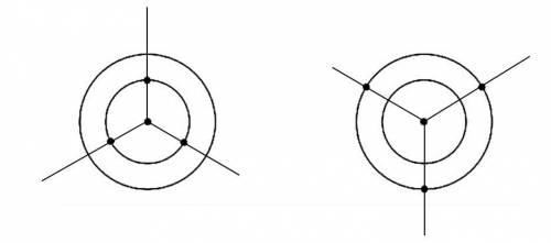 На каждом рисунке одна из двух окружностей с общим центром разделена на 3 равные части обясни как ра