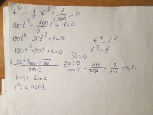 Решите уравнение: t^4-1/5t^2+1/100=0