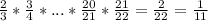 \frac{2}{3} * \frac{3}{4} *...* \frac{20}{21} * \frac{21}{22} = \frac{2}{22} = \frac{1}{11}