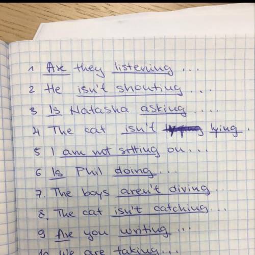 Use present continuous to complete the sentences.1)they(listen) to music now? 2) he(not shout) her n