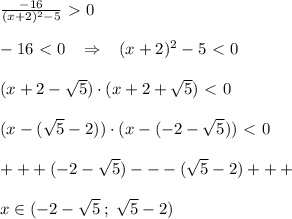 \frac{-16}{(x+2)^2-5} \ \textgreater \ 0\\\\-16\ \textless \ 0\; \; \; \Rightarrow \; \; \; (x+2)^2-5\ \textless \ 0\\\\(x+2-\sqrt5)\cdot (x+2+\sqrt5)\ \textless \ 0\\\\(x-(\sqrt5-2))\cdot (x-(-2-\sqrt5))\ \textless \ 0\\\\+++(-2-\sqrt5)---(\sqrt5-2)+++\\\\x\in (-2-\sqrt5\; ;\; \sqrt5-2)