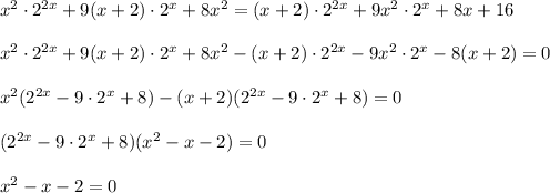 x^2\cdot2^{2x}+9(x+2)\cdot2^x+8x^2=(x+2)\cdot2^{2x}+9x^2\cdot2^x+8x+16\\ \\ x^2\cdot2^{2x}+9(x+2)\cdot2^x+8x^2-(x+2)\cdot2^{2x}-9x^2\cdot2^x-8(x+2)=0\\ \\ x^2(2^{2x}-9\cdot2^x+8)-(x+2)(2^{2x}-9\cdot2^x+8)=0\\ \\ (2^{2x}-9\cdot2^x+8)(x^2-x-2)=0\\ \\ x^2-x-2=0