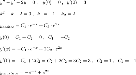 y''-y'-2y=0\; ,\; \; \; y(0)=0\; ,\; \; y'(0)=3\\\\k^2-k-2=0\; ,\; \; k_1=-1\; ,\; \; k_2=2\\\\y_{obshee}=C_1\cdot e^{-x}+C_2\cdot e^{2x}\\\\y(0)=C_1+C_2=0\; ,\; \; C_1=-C_2\\\\y'(x)=-C_1\cdot e^{-x}+2C_2\cdot e^{2x}\\\\y'(0)=-C_1+2C_2=C_2+2C_2=3C_2=3\; ,\; \; C_2=1\; ,\; \; C_1=-1\\\\y_{chastnoe}=-e^{-x}+e^{2x}