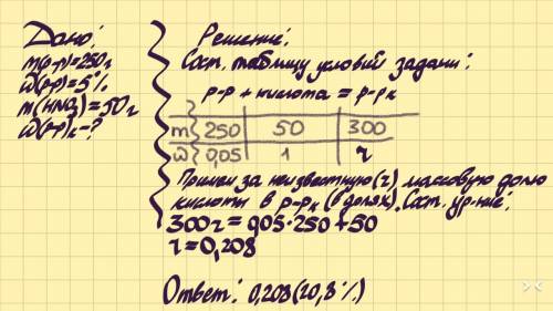 К250 г раствора азотом кислоты с массовой долей 5% добавили ещё 50г азотом кислоты. какой стала масс