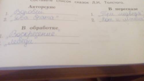 Составьте список сказок л.н. толстого. авторские (две сказки) в пересказе (две сказки в обработке (д