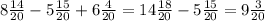 8 \frac{14}{20} -5 \frac{15}{20} +6 \frac{4}{20} =14 \frac{18}{20} -5 \frac{15}{20} =9 \frac{3}{20}