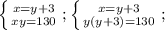 \left \{ {{x=y+3} \atop {xy=130}} \right. ;&#10; \left \{ {{x=y+3} \atop {y(y+3)=130}} \right. ;&#10;