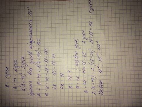 Один угол треугольника больше второго на 44 градуса, третий угол в 2 раза больше второго угла. найди