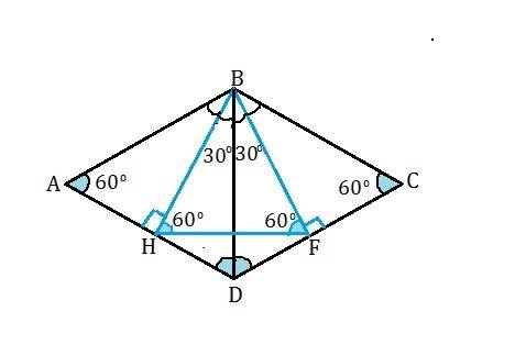 Вромбе abcd угол a=60 градусов, bh,bf-высоты. вычислите площадь ромба, если периметр hbf-равен 12 см