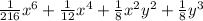 \frac{1}{216} x^{6} + \frac{1}{12} x^{4} + \frac{1}{8} x^{2} y^{2} + \frac{1}{8} y^{3}