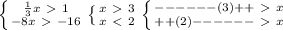 \left \{ {{ \frac{1}{3}x\ \textgreater \ 1 } \atop {-8x\ \textgreater \ -16}} \right. \left \{ {{x\ \textgreater \ 3} \atop {x\ \textless \ 2}} \right. \left \{ {{------(3)++\ \textgreater \ x} \atop {++(2)------\ \textgreater \ x}} \right.