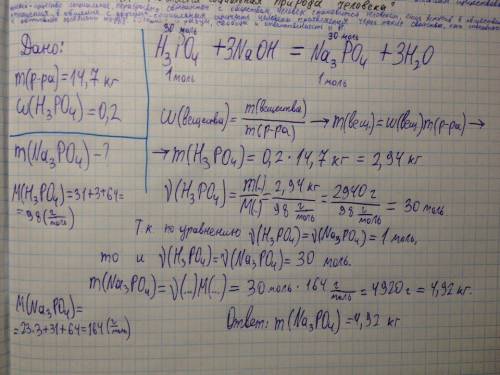 Какая масса фосфата натрия образуется при взаимодействии гидроксида натрия с 14,7 кг 20% раствора фо