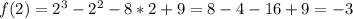 f(2)=2^3-2^2-8*2+9=8-4-16+9=-3