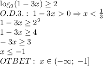 \log_2(1-3x)\geq2\\O.D.3.:\;1-3x\ \textgreater \ 0\Rightarrow x