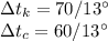 \Delta t_k=70/13^\circ\\&#10;\Delta t_c=60/13^\circ