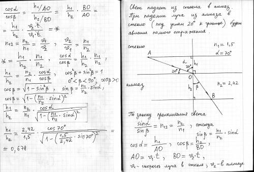 Луч света падает на границу раздела алмаза и стекла под углом 20 градусов. каким должно быть отношен
