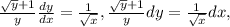 \frac{ \sqrt{y}+1 }{y} \frac{dy}{dx} = \frac{1}{ \sqrt{x} }, \frac{ \sqrt{y}+1 }{y}dy=\frac{1}{ \sqrt{x} }dx,