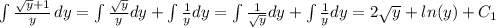 \int\limits^{}_{} \frac{ \sqrt{y}+1 }{y}\, dy= \int\limits^{}_{} \frac{ \sqrt{y} }{y} dy+\int\limits^{}_{} \frac{1}{y} dy=\int\limits^{}_{} \frac{1}{ \sqrt{y} } dy+\int\limits^{}_{} \frac{1}{y} dy=2 \sqrt{y}+ln(y) +C_{1}