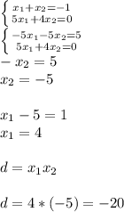 \left \{ {{x_1+x_2=-1} \atop {5x_1+4x_2=0}} \right. \\ \left \{ {{-5x_1-5x_2=5} \atop {5x_1+4x_2=0}} \right. \\ -x_2=5 \\ x_2=-5 \\ \\ x_1-5=1 \\ x_1=4 \\ \\ d=x_1x_2 \\ \\ d=4*(-5)=-20