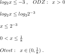 log_2x \leq -3\; ,\; \; \; ODZ:\; \; x\ \textgreater \ 0\\\\log_2x \leq log_22^{-3}\\\\x \leq 2^{-3}\\\\0\ \textless \ x \leq \frac{1}{8}\\\\Otvet:\; \; x\in (0,\frac{1}{8})\; .