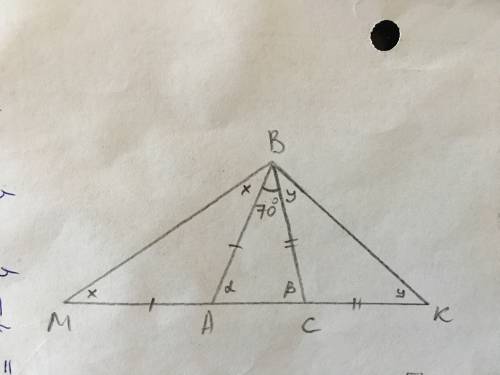 Втреугольнике авс угол авс=700 . на продолжении стороны ас отложены точки м и к такие, что ам=ав и с