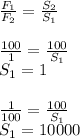 \frac{F_1}{F_2}=\frac{S_2}{S_1}\\\\&#10;\frac{100}{1}=\frac{100}{S_1}\\&#10;S_1=1\\\\&#10;\frac{1}{100}=\frac{100}{S_1}\\&#10;S_1=10000