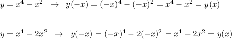 y=x^4-x^2\; \; \to \; \; y(-x)=(-x)^4-(-x)^2=x^4-x^2=y(x)\\\\\\y=x^4-2x^2\; \; \to \; \; y(-x)=(-x)^4-2(-x)^2=x^4-2x^2=y(x)