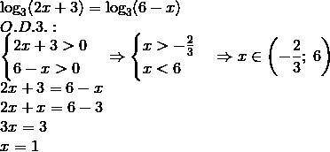 Решить уравнение, log3(2х+3)=logз(6-x)