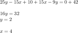 25y-15x+10+15x-9y=0+42\\ \\ 16y=32\\ y=2 \\ \\ x=4