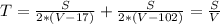 T= \frac{S}{2*(V-17)}+ \frac{S}{2*(V-102)}= \frac{S}{V}