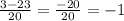 \frac{3 - 23}{20} = \frac{-20}{20} = -1