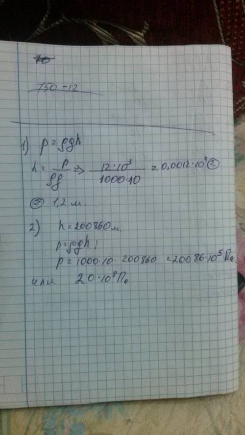 1.на какую глубину нужно опустить водолаза чтобы давление воды составляло 12кпа 2.самая глубокая впа