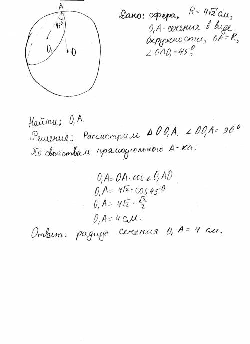 На вас одна ¡! через точку сферы радиуса 4корень из 2 см проведена плоскость под углом 45 градусов к