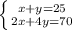 &#10; \left \{ {x+y=25} \atop {2x+4y=70}} \right. &#10;