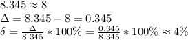 8.345 \approx 8 \\ \Delta = 8.345-8 = 0.345 \\ \delta = \frac{ \Delta }{8.345} *100 \%= \frac{0.345}{8.345} *100\% \approx 4\%