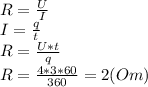 R= \frac{U}{I} \\ &#10;I= \frac{q}{t} \\ &#10;R= \frac{U*t}{q} \\ &#10;R= \frac{4*3*60}{360} = 2 (Om)