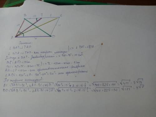 Впараллелограмме abcd угол bad= 60градусов. биссектриса at угла bad пересекает сторону bc в точке t.