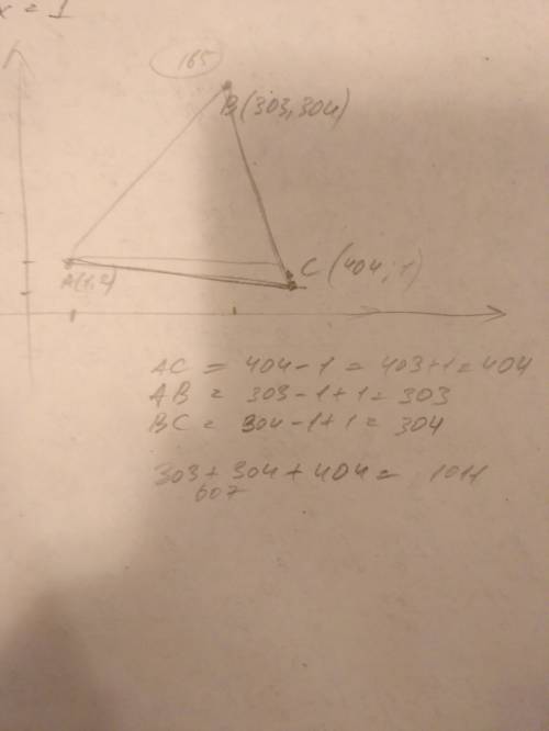 На плоскости даны три точки a(1,2), b(303,304), c(404,1). найдите количество целочисленных точек на