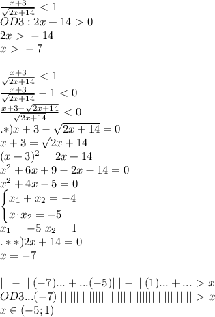 \frac{x+3}{\sqrt{2x+14}}\ \textless \ 1\\OD3:2x+14\ \textgreater \ 0\\2x\ \textgreater \ -14\\x\ \textgreater \ -7\\\\\frac{x+3}{\sqrt{2x+14}}\ \textless \ 1\\\frac{x+3}{\sqrt{2x+14}}-1\ \textless \ 0\\\frac{x+3-\sqrt{2x+14}}{\sqrt{2x+14}}\ \textless \ 0\\.*)x+3-\sqrt{2x+14}=0\\x+3=\sqrt{2x+14}\\(x+3)^2=2x+14\\x^2+6x+9-2x-14=0\\x^2+4x-5=0\\\begin{cases}x_1+x_2=-4\\x_1x_2=-5\end{cases}\\x_1=-5\ x_2=1\\.**)2x+14=0\\x=-7\\\\|||-|||(-7)...+...(-5)|||-|||(1)...+...\ \textgreater \ x\\OD3...(-7)|||||||||||||||||||||||||||||||||||||||||||\ \textgreater \ x\\x\in(-5;1)